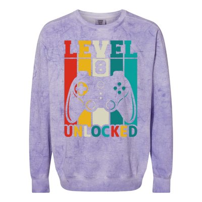 8th Birthday Gaming Gift, Gaming Birthday Level 8 Unlocked Colorblast Crewneck Sweatshirt