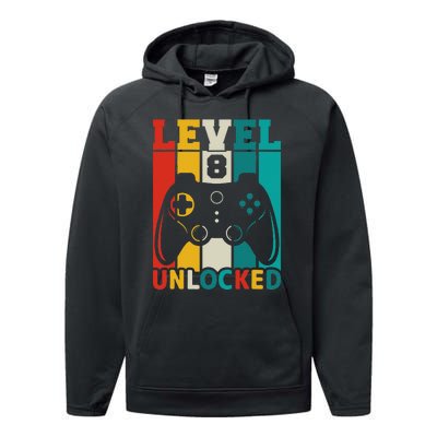 8th Birthday Gaming Gift, Gaming Birthday Level 8 Unlocked Performance Fleece Hoodie