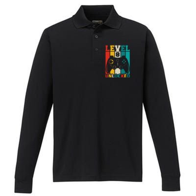 8th Birthday Gaming Gift, Gaming Birthday Level 8 Unlocked Performance Long Sleeve Polo