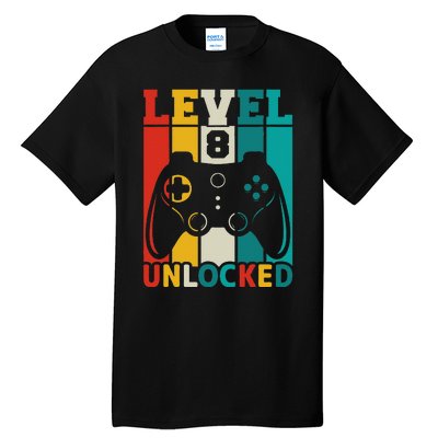 8th Birthday Gaming Gift, Gaming Birthday Level 8 Unlocked Tall T-Shirt