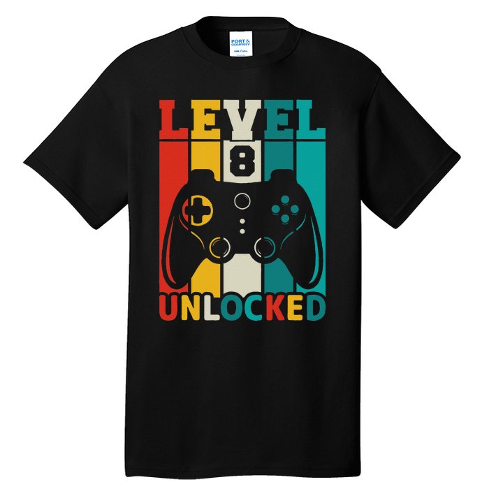 8th Birthday Gaming Gift, Gaming Birthday Level 8 Unlocked Tall T-Shirt