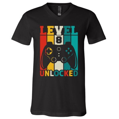 8th Birthday Gaming Gift, Gaming Birthday Level 8 Unlocked V-Neck T-Shirt