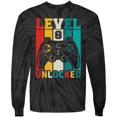 8th Birthday Gaming Gift, Gaming Birthday Level 8 Unlocked Tie-Dye Long Sleeve Shirt