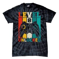 8th Birthday Gaming Gift, Gaming Birthday Level 8 Unlocked Tie-Dye T-Shirt