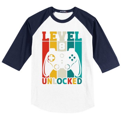 8th Birthday Gaming Gift, Gaming Birthday Level 8 Unlocked Baseball Sleeve Shirt