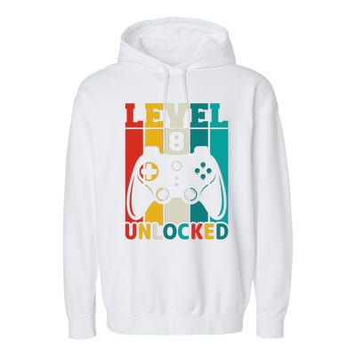 8th Birthday Gaming Gift, Gaming Birthday Level 8 Unlocked Garment-Dyed Fleece Hoodie