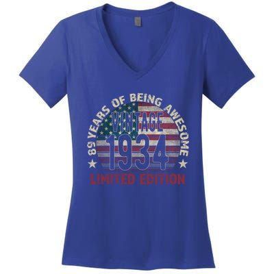 89th Birthday Gift Vintage 1934 89 Years Old Usa Flag Meaningful Gift Women's V-Neck T-Shirt