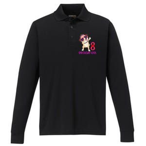 8th Birthday Girl Funny Pug Dog 8 Years Old Birthday Performance Long Sleeve Polo