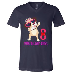 8th Birthday Girl Funny Pug Dog 8 Years Old Birthday V-Neck T-Shirt