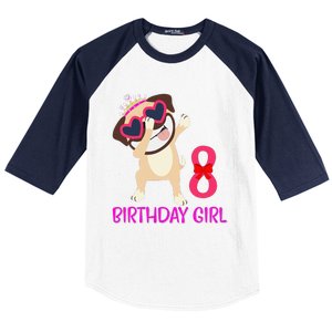 8th Birthday Girl Funny Pug Dog 8 Years Old Birthday Baseball Sleeve Shirt