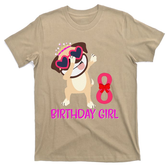 8th Birthday Girl Funny Pug Dog 8 Years Old Birthday T-Shirt