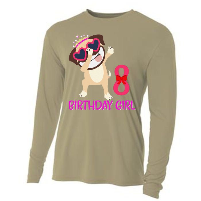 8th Birthday Girl Funny Pug Dog 8 Years Old Birthday Cooling Performance Long Sleeve Crew