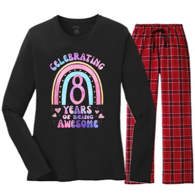 8th Birthday Girl Tie Dye 8 Years Of Being Awesome Bday Women's Long Sleeve Flannel Pajama Set 