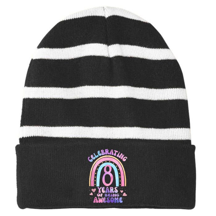 8th Birthday Girl Tie Dye 8 Years Of Being Awesome Bday Striped Beanie with Solid Band