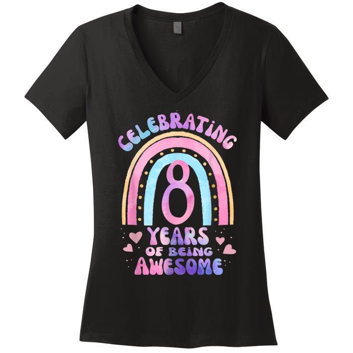 8th Birthday Girl Tie Dye 8 Years Of Being Awesome Bday Women's V-Neck T-Shirt