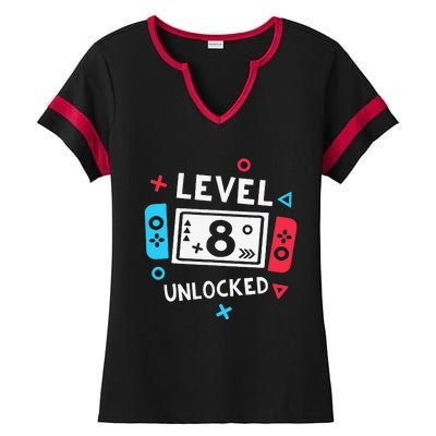 8th Birthday Level 8 Unlocked Video Game Party Ladies Halftime Notch Neck Tee