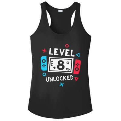 8th Birthday Level 8 Unlocked Video Game Party Ladies PosiCharge Competitor Racerback Tank