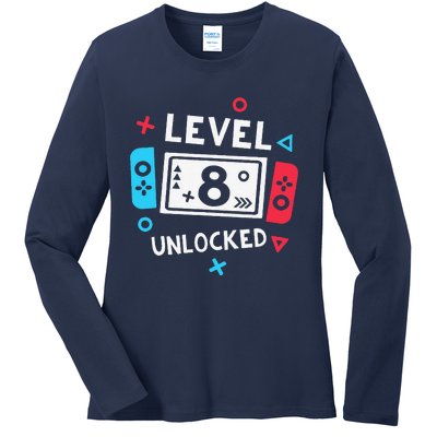 8th Birthday Level 8 Unlocked Video Game Party Ladies Long Sleeve Shirt