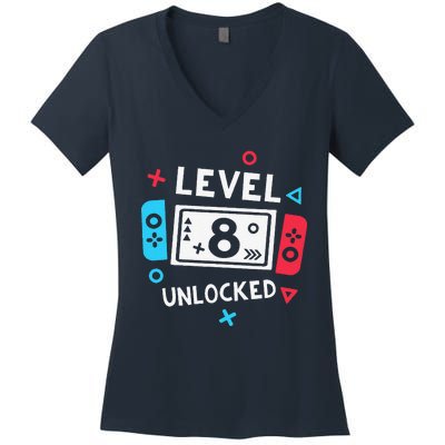 8th Birthday Level 8 Unlocked Video Game Party Women's V-Neck T-Shirt