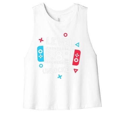 8th Birthday Level 8 Unlocked Video Game Party Women's Racerback Cropped Tank