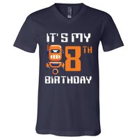 8th Birthday Party Robot 8 Year Old Robotics Boy V-Neck T-Shirt