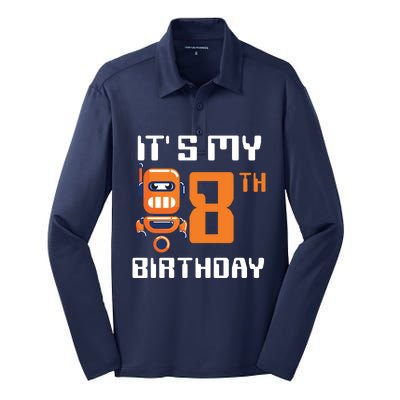 8th Birthday Party Robot 8 Year Old Robotics Boy Silk Touch Performance Long Sleeve Polo