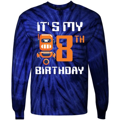 8th Birthday Party Robot 8 Year Old Robotics Boy Tie-Dye Long Sleeve Shirt