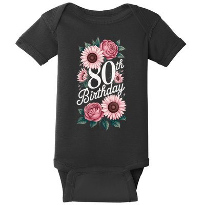 80th Birthday Party Floral Pink Eighty Years Old Baby Bodysuit