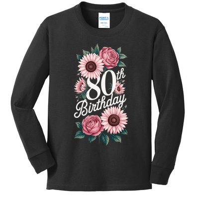 80th Birthday Party Floral Pink Eighty Years Old Kids Long Sleeve Shirt