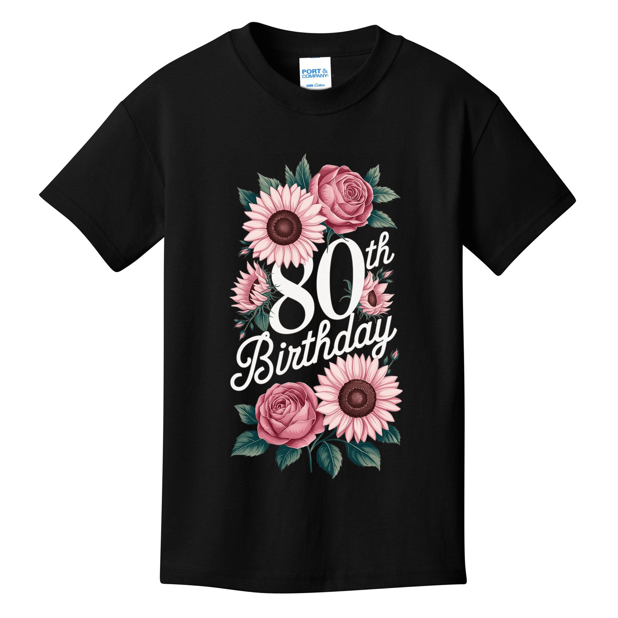 80th Birthday Party Floral Pink Eighty Years Old Kids T-Shirt