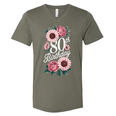 80th Birthday Party Floral Pink Eighty Years Old V-Neck T-Shirt