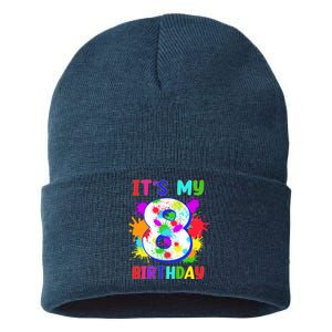 8th Birthday Paint Splashes Art 8 Year Old Boy Girl Sustainable Knit Beanie