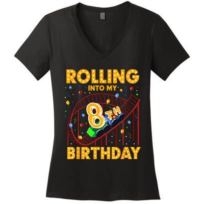 8th Birthday Rollercoaster Amusement Park Boy Girl Birthday Women's V-Neck T-Shirt