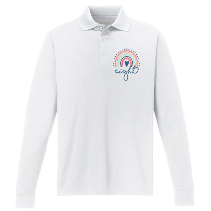 8th Birthday Rainbow Eight Year Old Cute Performance Long Sleeve Polo