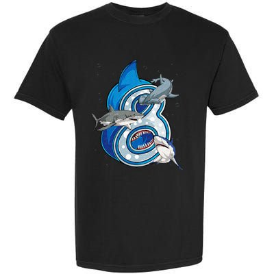 8th Birthday Shark 8 years Old Ocean Shark Bday Garment-Dyed Heavyweight T-Shirt