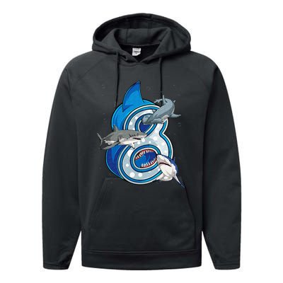 8th Birthday Shark 8 years Old Ocean Shark Bday Performance Fleece Hoodie