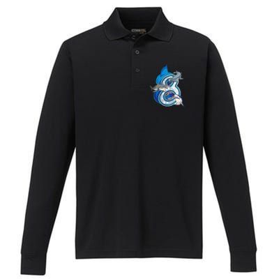 8th Birthday Shark 8 years Old Ocean Shark Bday Performance Long Sleeve Polo