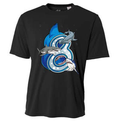 8th Birthday Shark 8 years Old Ocean Shark Bday Cooling Performance Crew T-Shirt