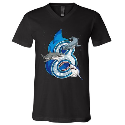 8th Birthday Shark 8 years Old Ocean Shark Bday V-Neck T-Shirt