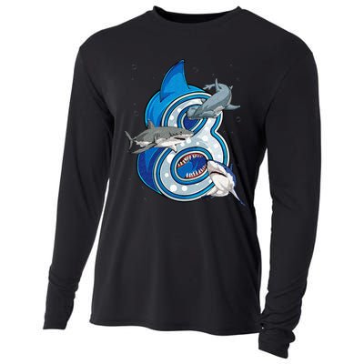 8th Birthday Shark 8 years Old Ocean Shark Bday Cooling Performance Long Sleeve Crew