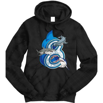 8th Birthday Shark 8 years Old Ocean Shark Bday Tie Dye Hoodie