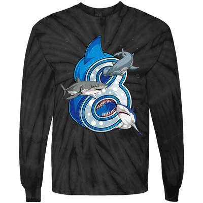 8th Birthday Shark 8 years Old Ocean Shark Bday Tie-Dye Long Sleeve Shirt