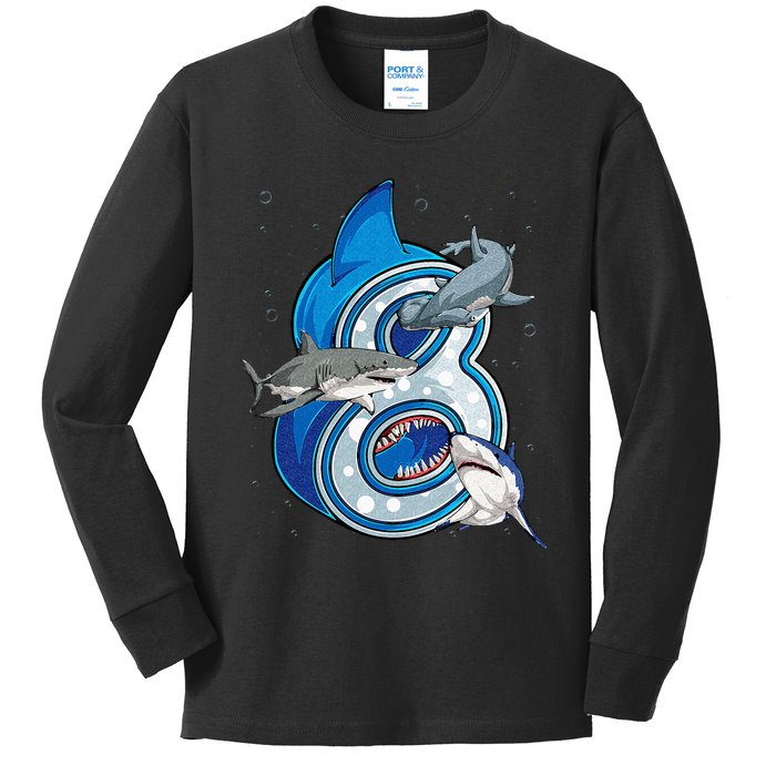 8th Birthday Shark 8 years Old Ocean Shark Bday Kids Long Sleeve Shirt