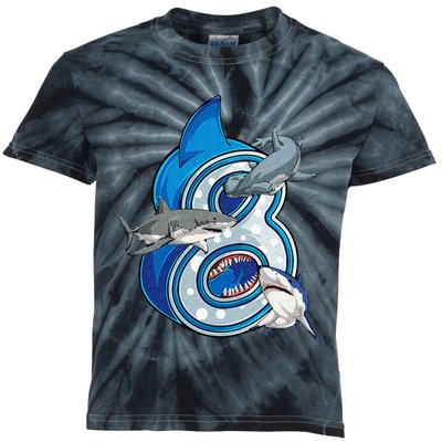 8th Birthday Shark 8 years Old Ocean Shark Bday Kids Tie-Dye T-Shirt