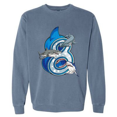 8th Birthday Shark 8 years Old Ocean Shark Bday Garment-Dyed Sweatshirt