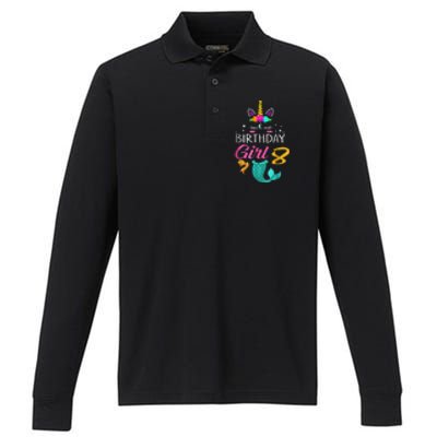 8th Birthday Unicorn Mermaid Tail 8 Years Old Tee Performance Long Sleeve Polo