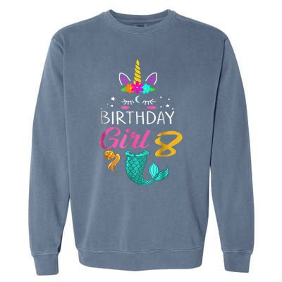 8th Birthday Unicorn Mermaid Tail 8 Years Old Tee Garment-Dyed Sweatshirt