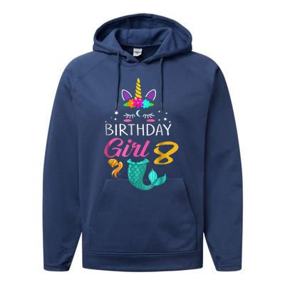 8th Birthday Unicorn Mermaid Tail 8 Years Old Tee Performance Fleece Hoodie