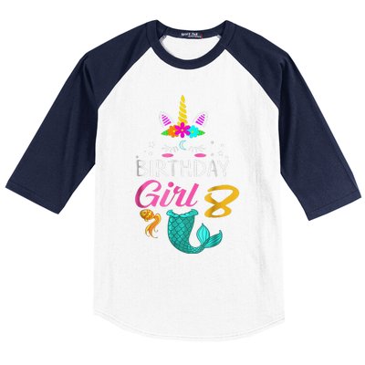 8th Birthday Unicorn Mermaid Tail 8 Years Old Tee Baseball Sleeve Shirt