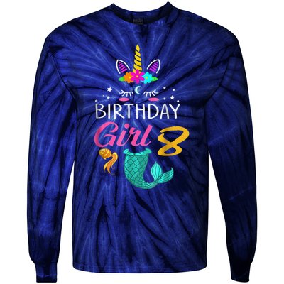 8th Birthday Unicorn Mermaid Tail 8 Years Old Tee Tie-Dye Long Sleeve Shirt